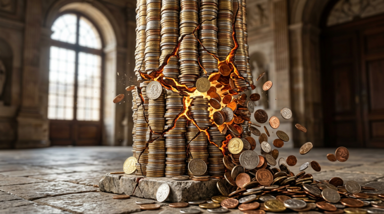 Stacks of various coins arranged as a column cracking and shedding coins
