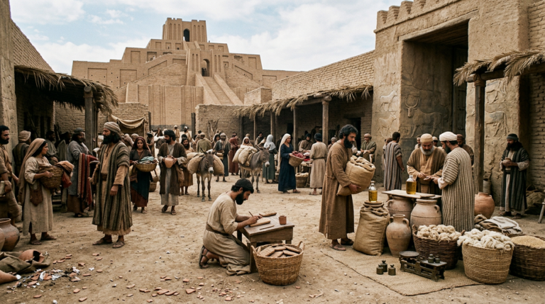 Ancient marketplace scene with people trading goods near large ziggurat temple
