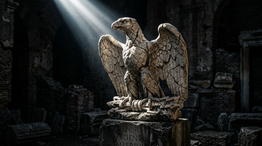 Stone eagle statue perched on a pedestal with ancient Roman ruins in the background