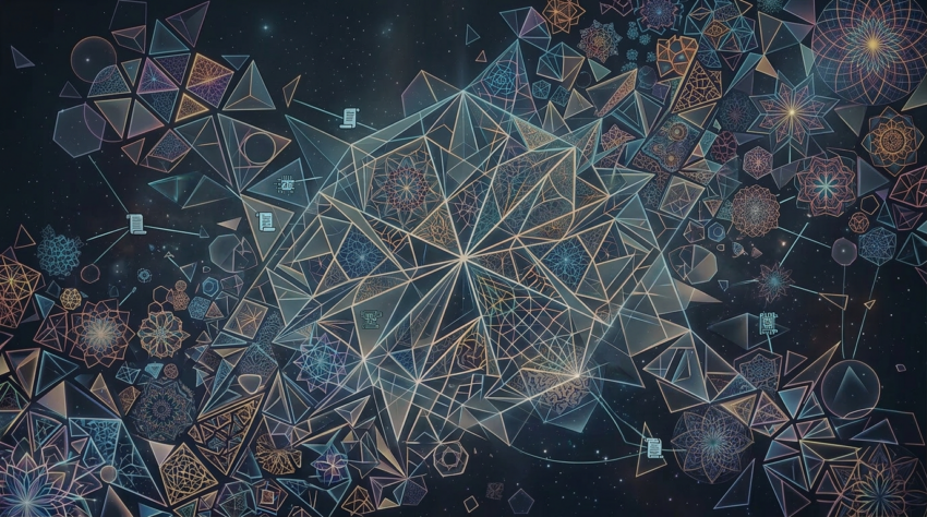 Bright geometric fractal patterns glowing in neon colors on a dark starry background