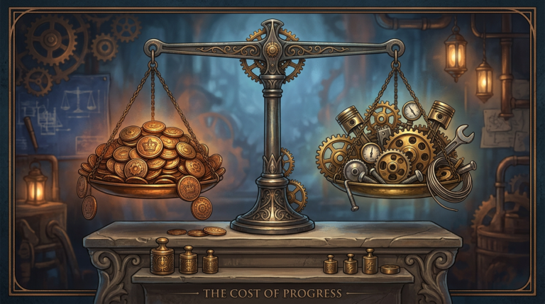A balance scale holding gold coins on one side and mechanical gears on the other