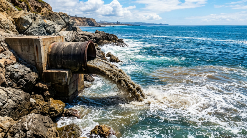 Large pipe releasing murky water into ocean near rocky shore