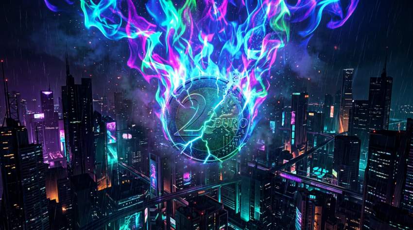 Glowing cracked 2 Euro coin with vibrant blue, purple, and green flames over futuristic city at night